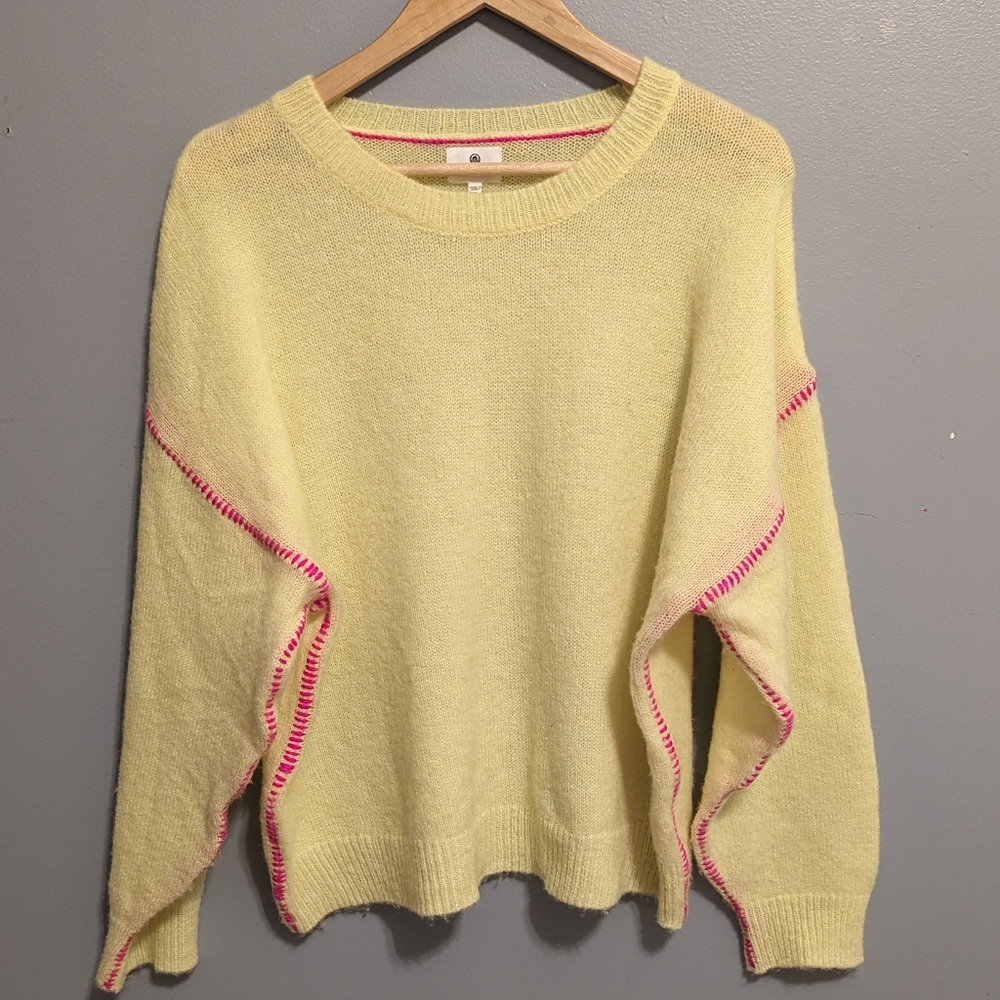 Sundry Light Yellow Long Sleeve Sweater with Pink Stitch Trim Size 2 / SMALL